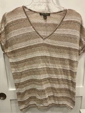 Tommy Bahama Beige & Cream Striped V-Neck Linen Cotton Blend Knit Top